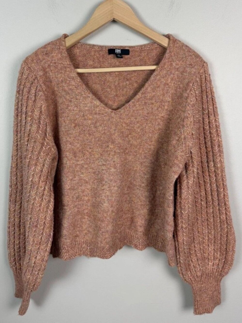 Frye V-Neck Wool Blend Marled Chunky Knit Sweater Peach Pink Size XL Women’s